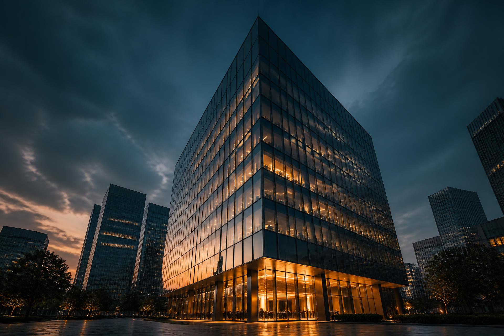 Grade-A commercial tower at dusk in an Indian business district